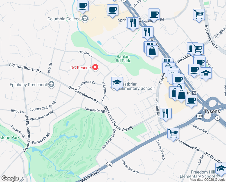 map of restaurants, bars, coffee shops, grocery stores, and more near 1741 Pine Valley Drive in Vienna