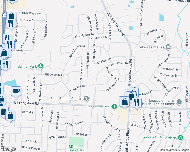 map of restaurants, bars, coffee shops, grocery stores, and more near 401 Northeast Bordner Drive in Lee's Summit
