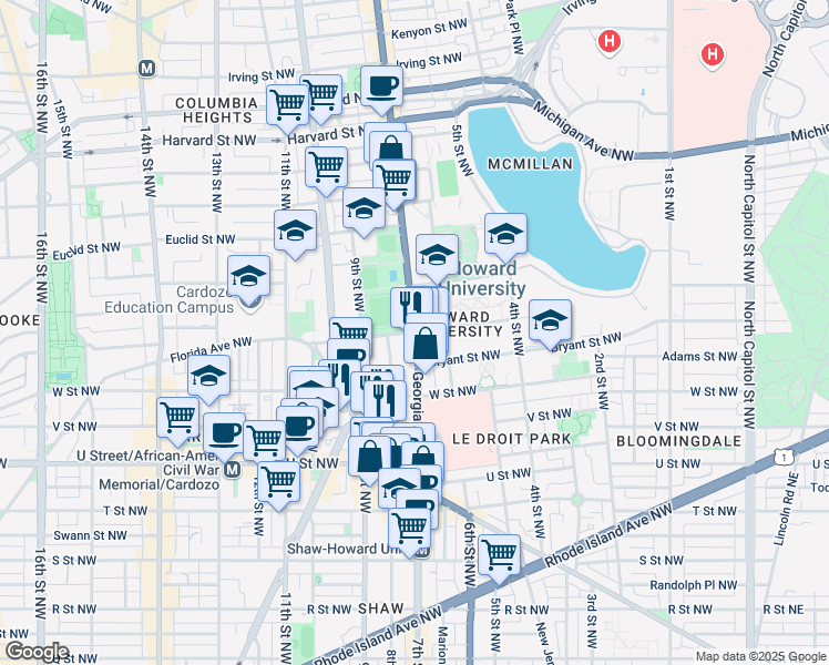 map of restaurants, bars, coffee shops, grocery stores, and more near Georgia Avenue Northwest & Barry Place Northwest in Washington