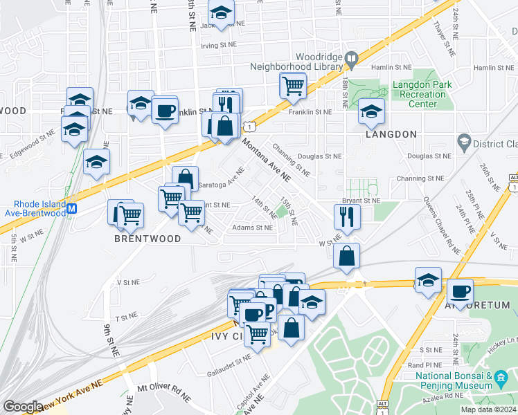 map of restaurants, bars, coffee shops, grocery stores, and more near 2346 14th Street Northeast in Washington