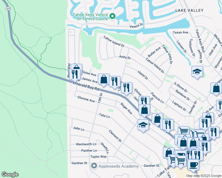 map of restaurants, bars, coffee shops, grocery stores, and more near 644 Emerald Bay Road in South Lake Tahoe