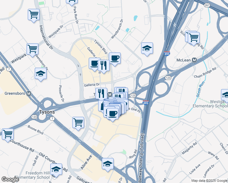 map of restaurants, bars, coffee shops, grocery stores, and more near 1775 Tysons Boulevard in McLean