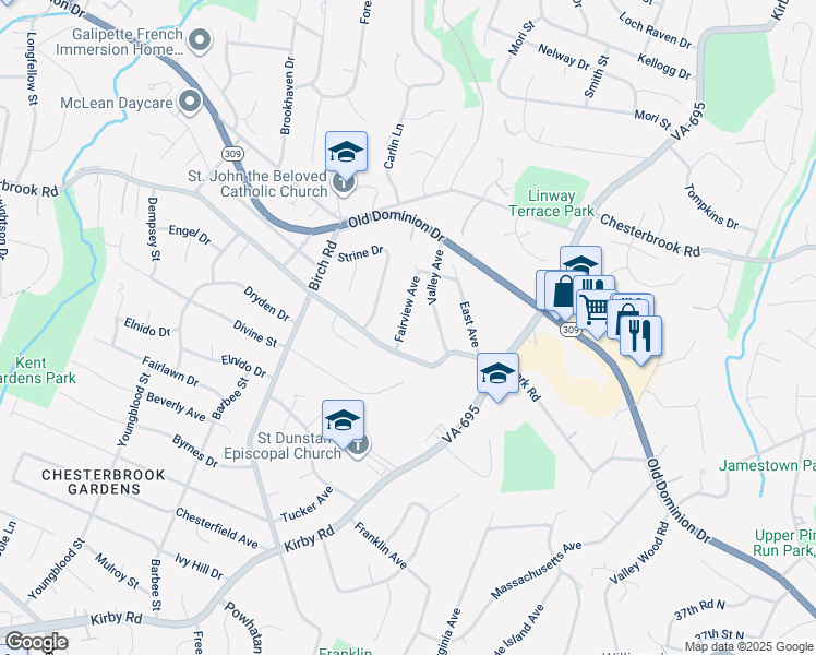map of restaurants, bars, coffee shops, grocery stores, and more near 1733 Fairview Avenue in McLean