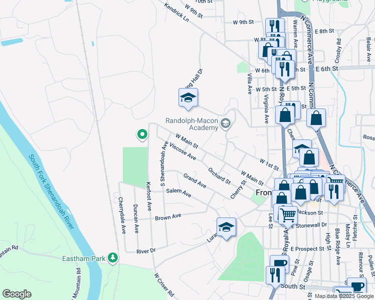 map of restaurants, bars, coffee shops, grocery stores, and more near 419 Viscose Avenue in Front Royal