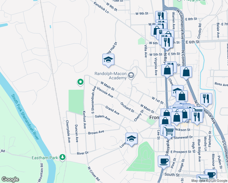 map of restaurants, bars, coffee shops, grocery stores, and more near 408 West Main Street in Front Royal