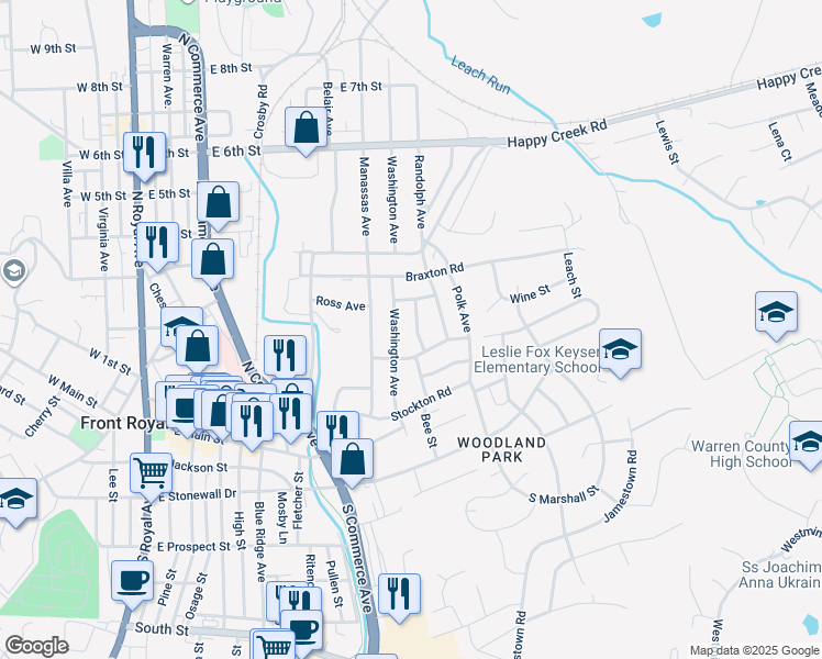 map of restaurants, bars, coffee shops, grocery stores, and more near 214 Clymer Avenue in Front Royal