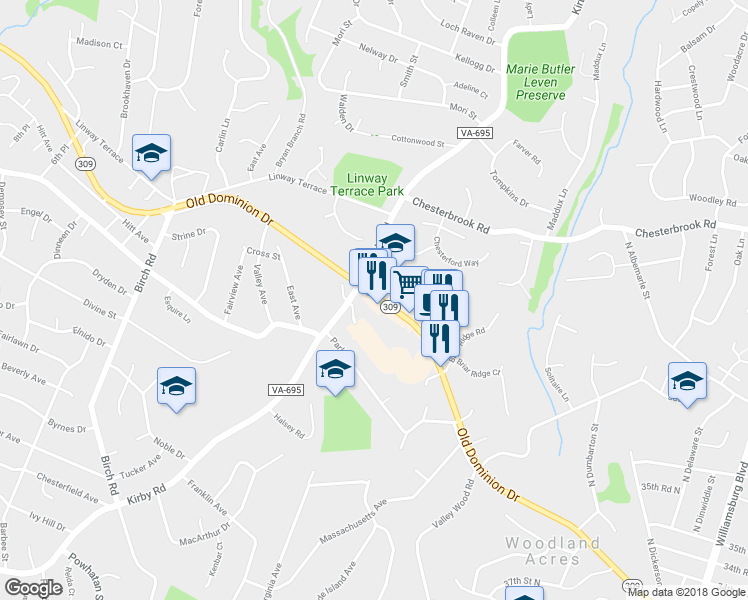 map of restaurants, bars, coffee shops, grocery stores, and more near 6271 Old Dominion Drive in McLean