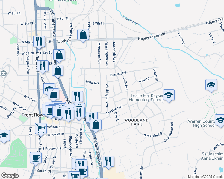 map of restaurants, bars, coffee shops, grocery stores, and more near 214 Clymer Avenue in Front Royal