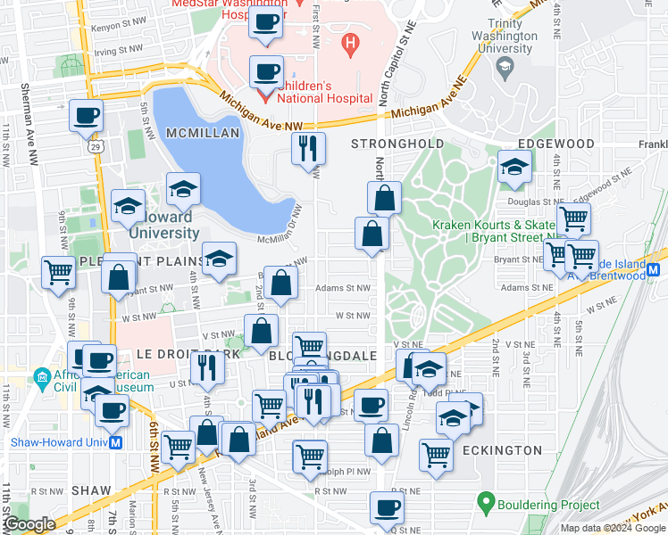 map of restaurants, bars, coffee shops, grocery stores, and more near 56 Bryant Street Northwest in Washington
