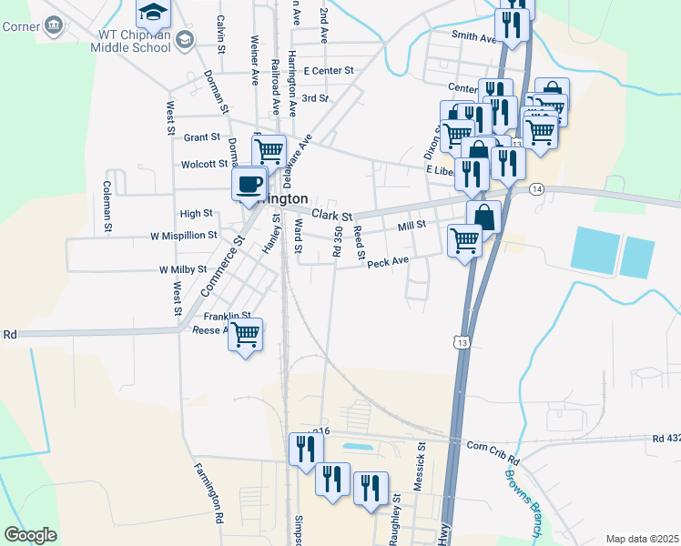 map of restaurants, bars, coffee shops, grocery stores, and more near 102 Road 350 in Harrington