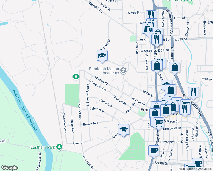 map of restaurants, bars, coffee shops, grocery stores, and more near 408 West Main Street in Front Royal