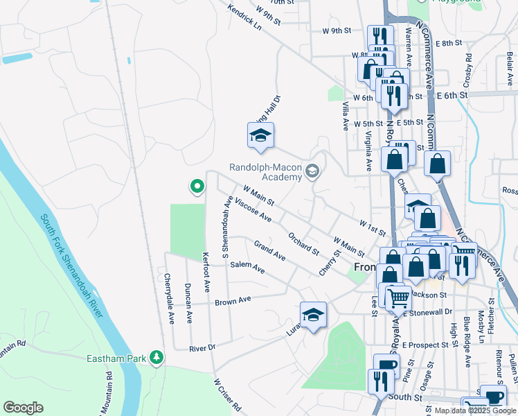 map of restaurants, bars, coffee shops, grocery stores, and more near 419 Viscose Avenue in Front Royal