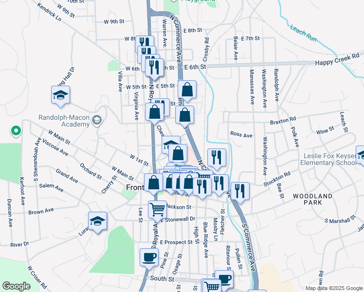 map of restaurants, bars, coffee shops, grocery stores, and more near 132 Hillidge Street in Front Royal