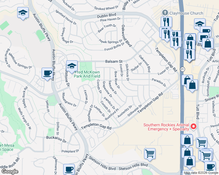 map of restaurants, bars, coffee shops, grocery stores, and more near 5855 Grapevine Drive in Colorado Springs