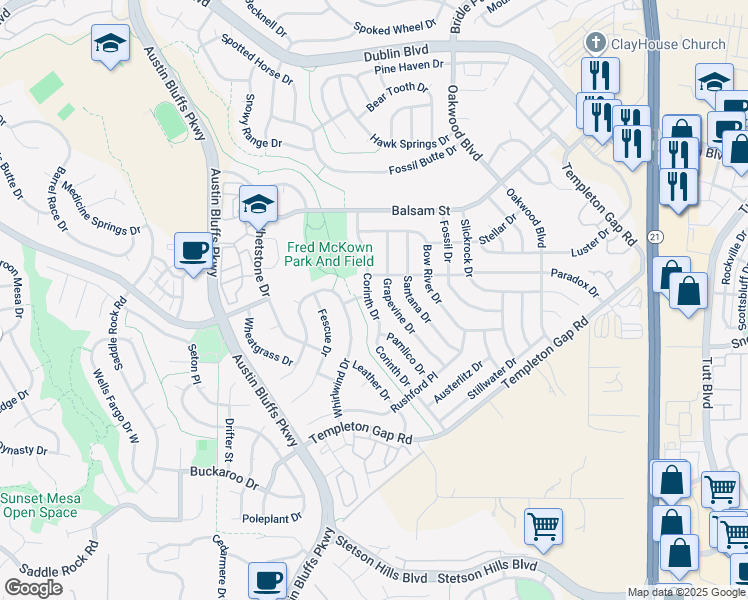 map of restaurants, bars, coffee shops, grocery stores, and more near 5947 Corinth Drive in Colorado Springs