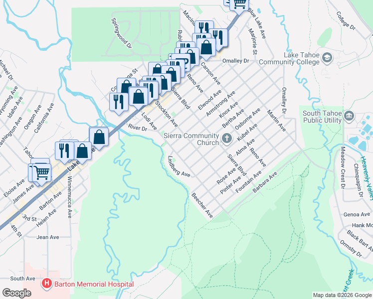 map of restaurants, bars, coffee shops, grocery stores, and more near 2451 Bertha Avenue in South Lake Tahoe