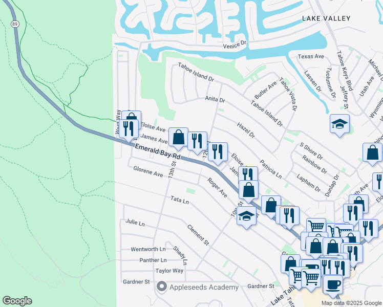 map of restaurants, bars, coffee shops, grocery stores, and more near 644 Emerald Bay Road in South Lake Tahoe