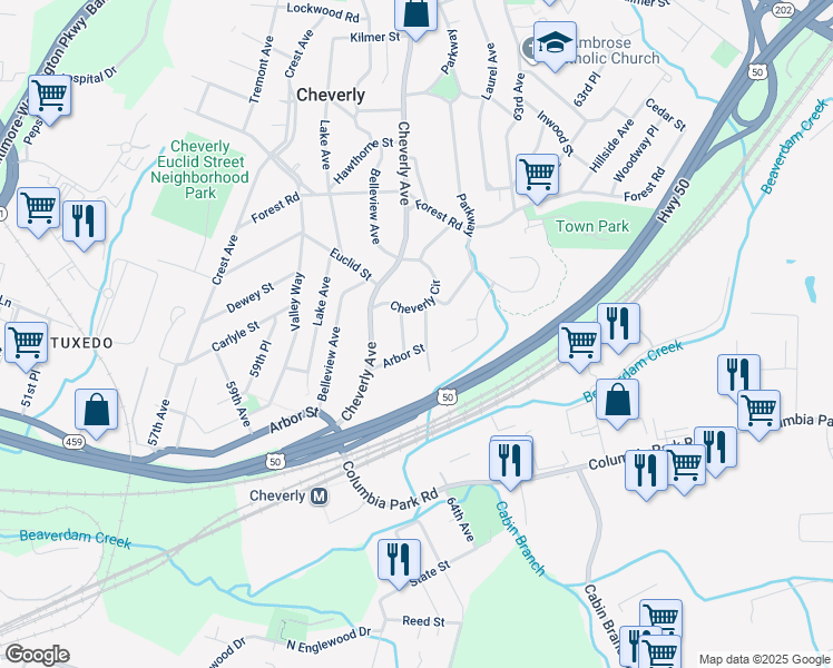 map of restaurants, bars, coffee shops, grocery stores, and more near 2304 Parkway in Cheverly