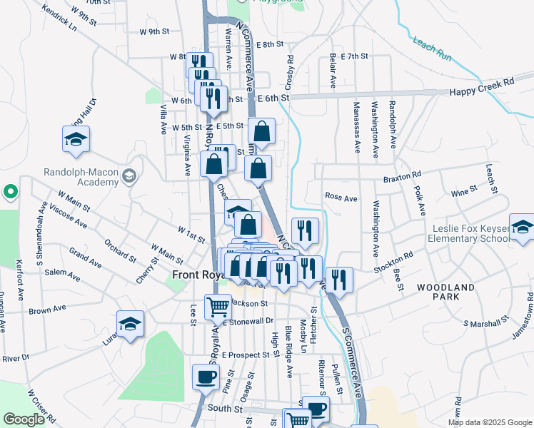 map of restaurants, bars, coffee shops, grocery stores, and more near 125 Hillidge Street in Front Royal