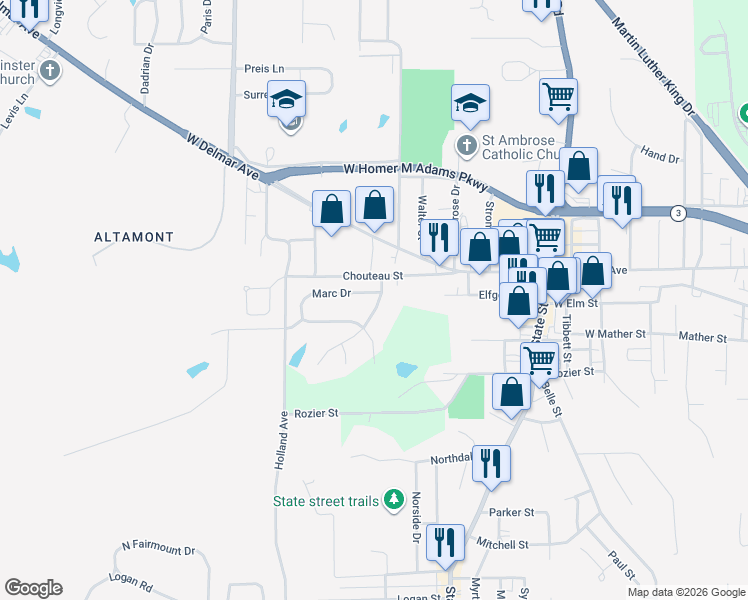 map of restaurants, bars, coffee shops, grocery stores, and more near 2600 Banks Drive in Alton