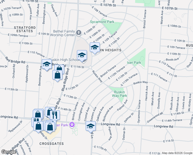map of restaurants, bars, coffee shops, grocery stores, and more near 11203 Bristol Terrace in Kansas City