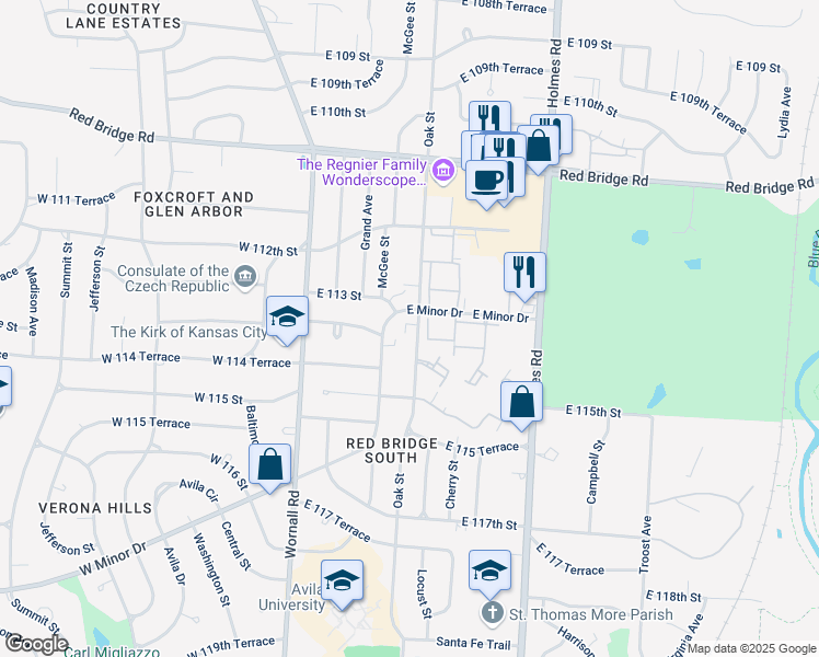 map of restaurants, bars, coffee shops, grocery stores, and more near 11324 Oak Street in Kansas City