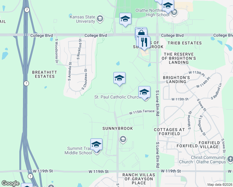 map of restaurants, bars, coffee shops, grocery stores, and more near 11533 South Roundtree Street in Olathe