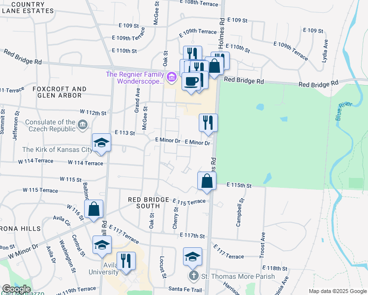 map of restaurants, bars, coffee shops, grocery stores, and more near 521 East Minor Drive in Kansas City