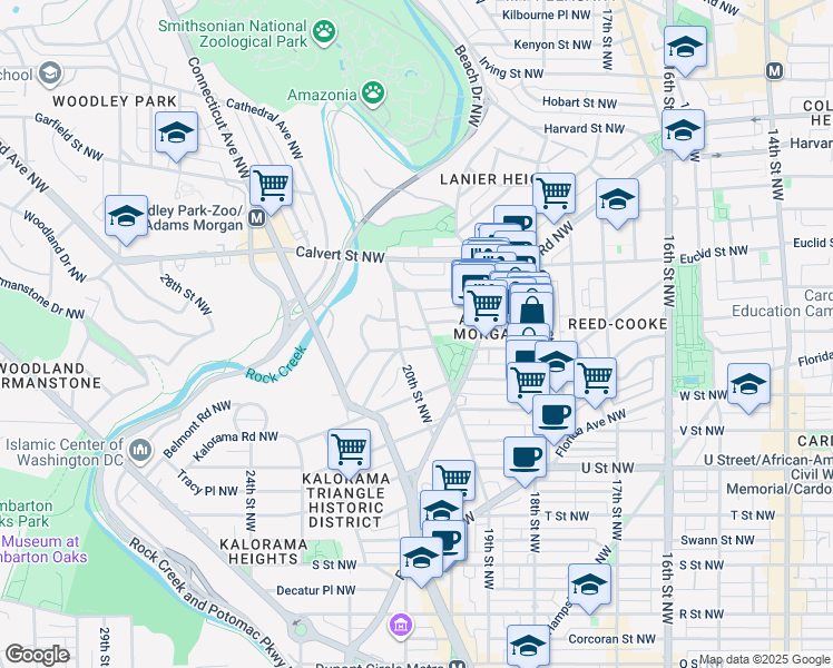 map of restaurants, bars, coffee shops, grocery stores, and more near 1904 Kalorama Place Northwest in Washington