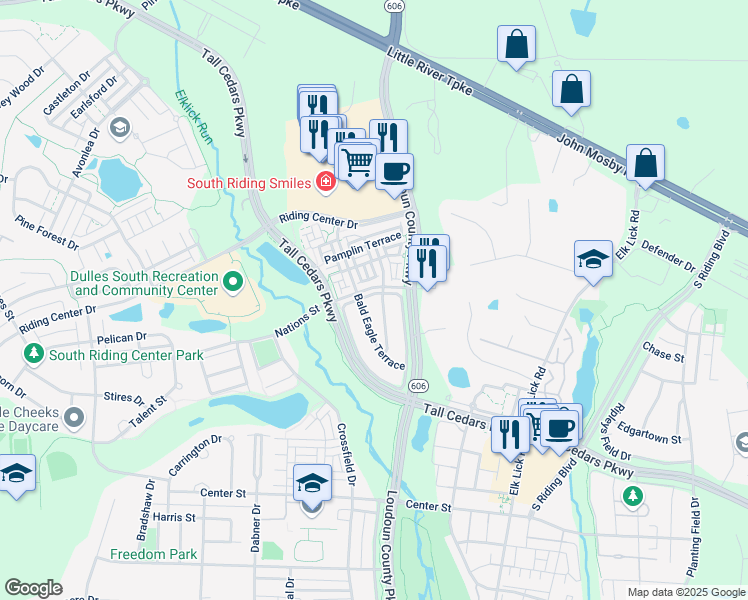 map of restaurants, bars, coffee shops, grocery stores, and more near 25382 Whippoorwill Terrace in Chantilly