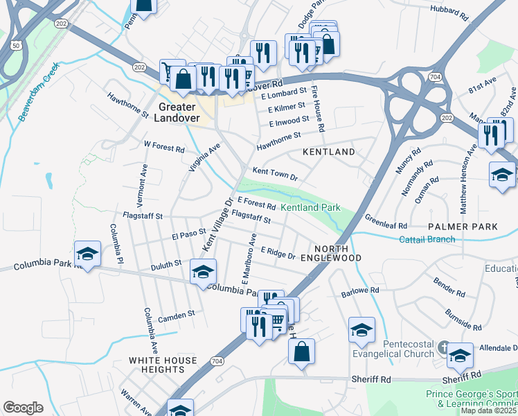 map of restaurants, bars, coffee shops, grocery stores, and more near 7017 East Forest Road in Hyattsville