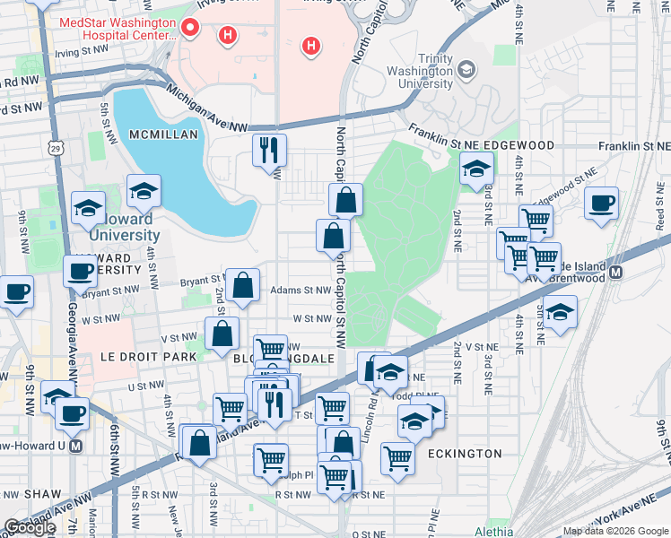 map of restaurants, bars, coffee shops, grocery stores, and more near 101 Independence Avenue Southeast in Washington