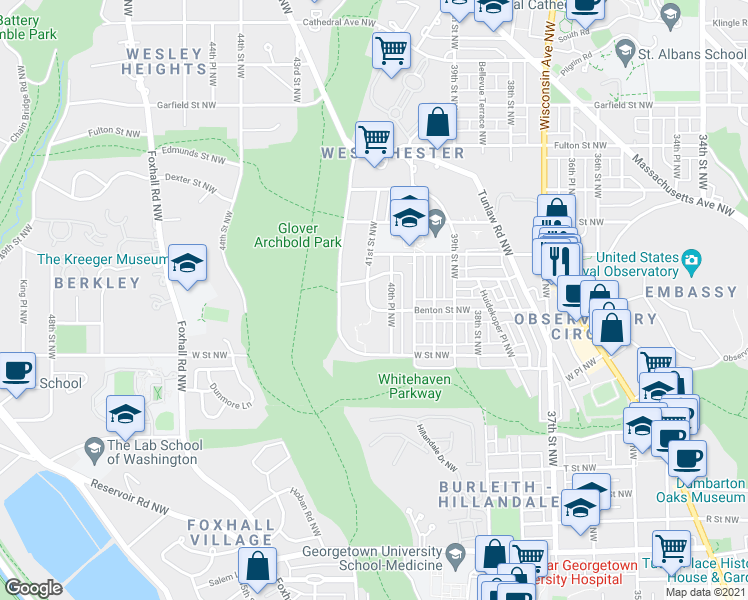 map of restaurants, bars, coffee shops, grocery stores, and more near 4029 Benton Street Northwest in Washington