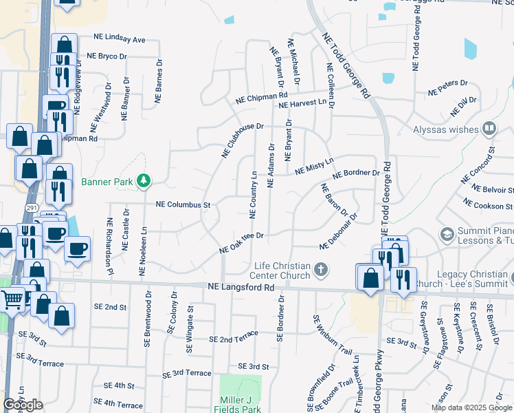 map of restaurants, bars, coffee shops, grocery stores, and more near 503 Northeast Country Lane in Lee's Summit
