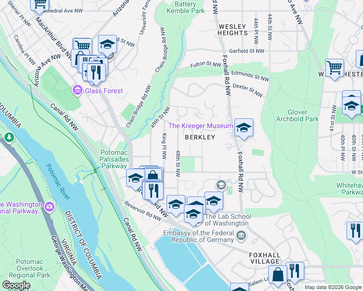 map of restaurants, bars, coffee shops, grocery stores, and more near 2245 48th Street Northwest in Washington