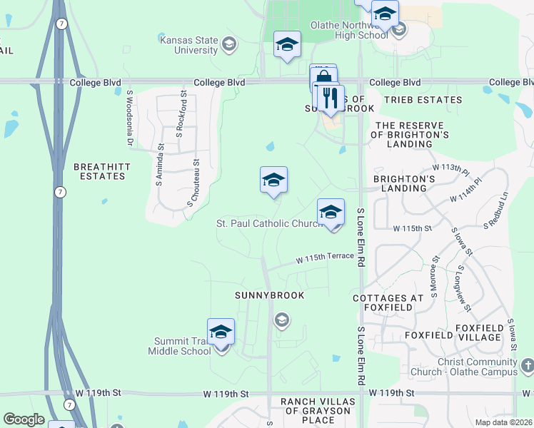 map of restaurants, bars, coffee shops, grocery stores, and more near 11533 South Roundtree Street in Olathe