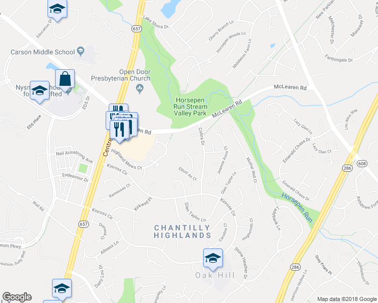 map of restaurants, bars, coffee shops, grocery stores, and more near 3005 Taylor Makenzye Court in Herndon