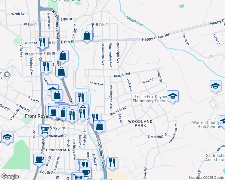 map of restaurants, bars, coffee shops, grocery stores, and more near 215 Washington Avenue in Front Royal