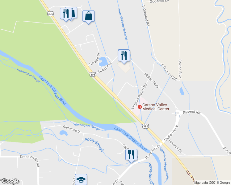 map of restaurants, bars, coffee shops, grocery stores, and more near 1516 Charlotte Way in Gardnerville