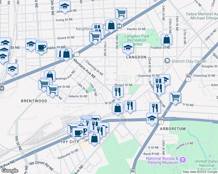 map of restaurants, bars, coffee shops, grocery stores, and more near 1700 Montana Avenue Northeast in Washington