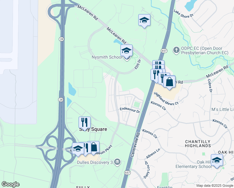 map of restaurants, bars, coffee shops, grocery stores, and more near 13671 Air and Space Museum Parkway in Herndon