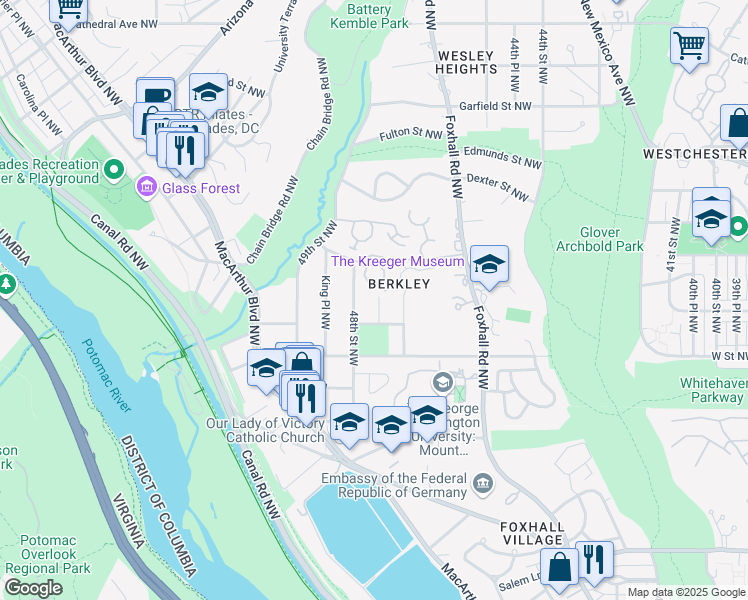 map of restaurants, bars, coffee shops, grocery stores, and more near 2240 47th Street Northwest in Washington