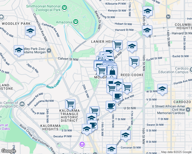 map of restaurants, bars, coffee shops, grocery stores, and more near 1840 Mintwood Place Northwest in Washington