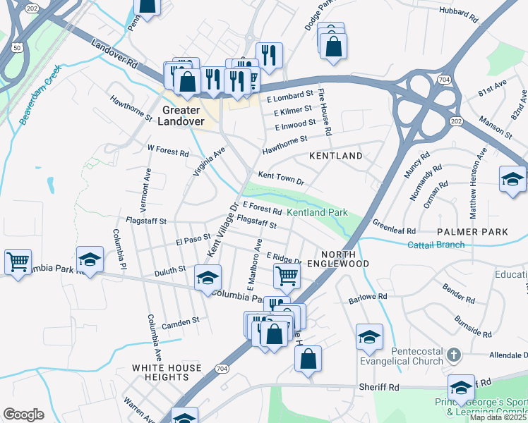map of restaurants, bars, coffee shops, grocery stores, and more near 7017 East Forest Road in Hyattsville