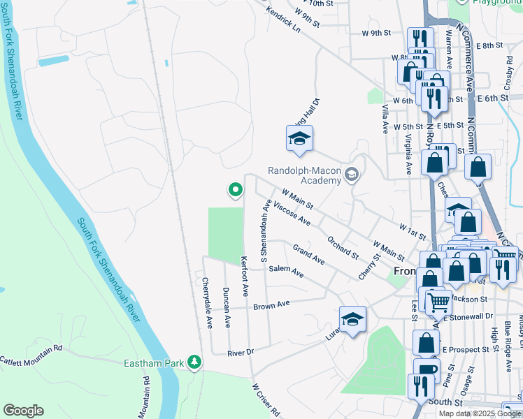 map of restaurants, bars, coffee shops, grocery stores, and more near 107 South Shenandoah Avenue in Front Royal