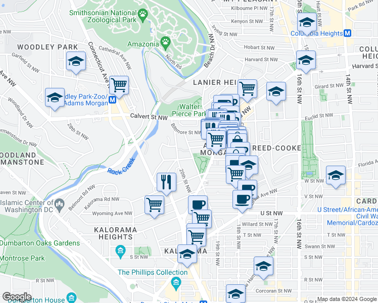 map of restaurants, bars, coffee shops, grocery stores, and more near 2406 19th Street Northwest in Washington
