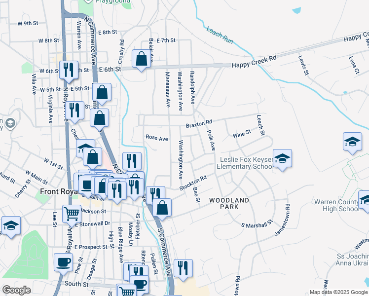 map of restaurants, bars, coffee shops, grocery stores, and more near 215 Washington Avenue in Front Royal