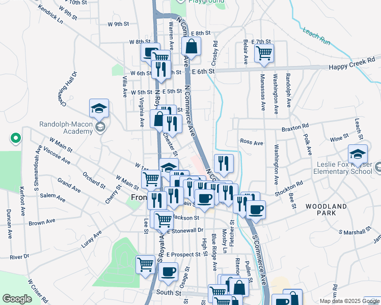 map of restaurants, bars, coffee shops, grocery stores, and more near 132 Hillidge Street in Front Royal