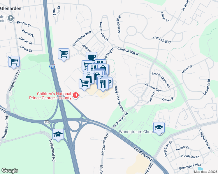 map of restaurants, bars, coffee shops, grocery stores, and more near 9400 Taj Lane in Glenarden
