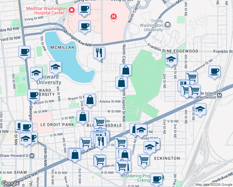 map of restaurants, bars, coffee shops, grocery stores, and more near 101 Independence Avenue Southeast in Washington